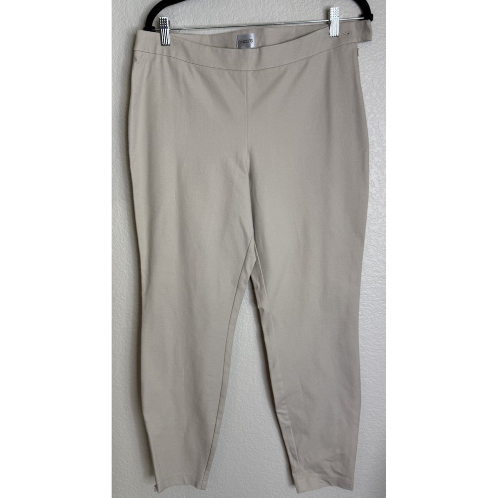 Chicos Womens 2 US Large Beige Slim Ankle Pants Side Leg Zipper Preppy Career